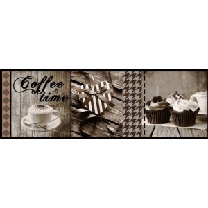 Barna Cook&Wash Coffee konyhai futó 50x150 cm kávéscsészével, szívvel és muffinokkal.