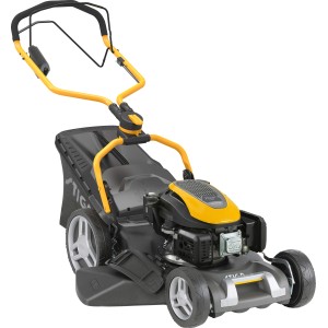 Stiga Combi 753 SE benzines fűnyíró elektromos indítással és kerékhajtással, acél ház, sárga/fekete.