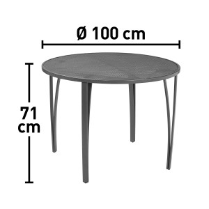 Szürke, kerek Planada kerti asztal, Ø 100 cm, acélvázzal. Ideális kertbe és teraszra.