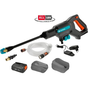 Gardena AquaClean 24/18V P4A akkus közepes nyomású mosó készlet tartozékokkal.