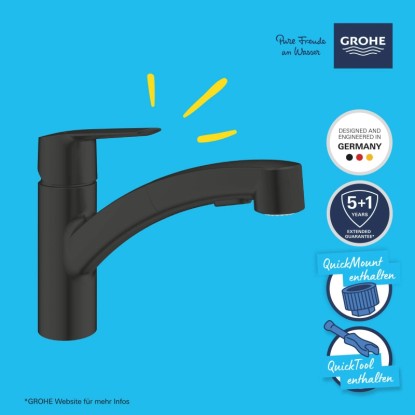 Grohe QuickFix Start fekete mosogató csaptelep. Egykaros csaptelep lapos kifolyócsővel és kihúzható dupla zuhannyal.