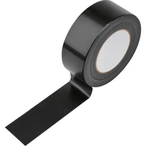Fekete szövet ragasztószalag 50 mm x 50 m, letekerve. Robusztus, UV-álló ragasztószalag beltéri és kültéri javításokhoz.