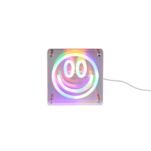 Négyzet alakú LED asztali lámpa mosolygós mintával és RGB színváltással, 4W, átlátszó fehér.