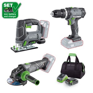 LUX-TOOLS 3 az 1-ben akkus szerszámkészlet: fúró-csavarozó, szúrófűrész, sarokcsiszoló, akkumulátor, töltő és táska.