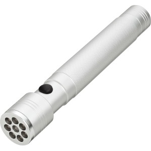 Ezüst színű LED-es zseblámpa 8 LED-del, beltéri és kültéri használatra.