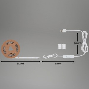 t.b.t. LED szalag tekercsen USB csatlakozóval, kapcsolóval és rögzítő kapcsokkal.