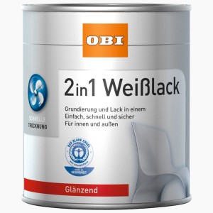 OBI 2 az 1-ben fehér fényes zománcfesték, 2,5 l-es dobozban. Alapozó és festék egyben, beltéri és kültéri használatra.