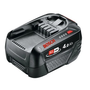 Fekete Bosch 18V 4Ah csereakkumulátor elektromos szerszámokhoz, piros logóval, töltésjelzővel és ergonomikus kialakítással.