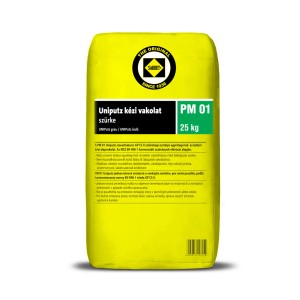 Sárga zsák Uniputz kézi vakolat PM 01, 25 kg, beltéri és kültéri használatra.