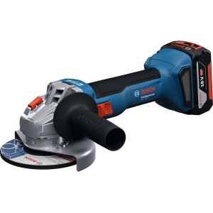 Kék Bosch Professional GWS 18V-8 akkus sarokcsiszoló 18V akkumulátorral és vágótárcsával. Kompakt akkus szerszám.