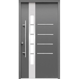 Modern szürke bejárati ajtó üvegbetéttel és rozsdamentes acél fogantyúkkal.