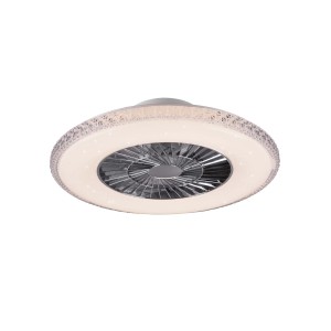 Kerek LED mennyezeti lámpa ventilátorral, ezüst színű. Ideális lakóterekbe.
