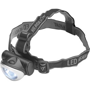 LED fejlámpa LX328, ezüst-fekete, állítható fejpánttal sportoláshoz és szabadidőhöz.