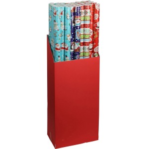 Karácsonyi csomagolópapír, 4-féle válogatás, ünnepi motívumokkal, piros adagolóban.