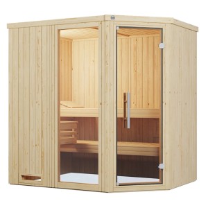 Weka Elementsauna Varberg 1 Üvegajtós és ablakos, természetes lucfenyő sarokbejáratú szett.