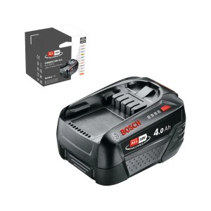 Fekete Bosch 18V 4Ah csereakkumulátor elektromos szerszámokhoz, piros logóval és Power For All csomagolással.