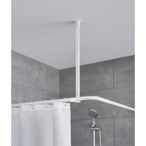 Fehér Kleine Wolke mennyezeti tartó (60 cm) zuhanyfüggönnyel és zuhanyfejjel a fürdőszobában.