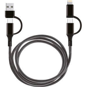 Fekete 4 az 1-ben USB töltő- és adatkábel USB-A, USB-C és Lightning csatlakozóval.