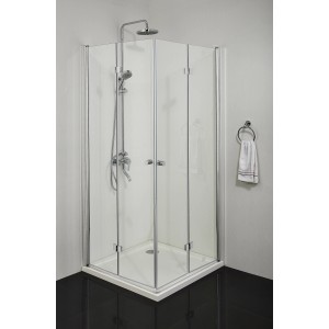 Sanotechnik Smartflex bal ajtó balos, 195 cm, sarokba szerelve zuhanycsapteleppel. Üveg zuhanyajtó emelőrendszerrel.