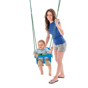 Kék-zöld Happy People műanyag babahinta gyermekkel és felnőttel. Teherbírás 40 kg.