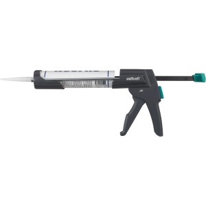 wolfcraft MG 600 Pro kinyomópisztoly 310 ml-es patronokhoz, szürke pisztoly zöld díszítéssel.