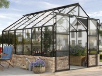 Cassandra 9900 melegház 3 mm-es biztonsági üveg fekete Siola homokkő lábazattal Cassandra 9900 melegház 3 mm-es biztonsági üveg fekete Siola homokkő lábazattal