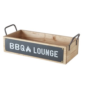 Téglalap alakú Boltze Conny tálca fából és fémből, BBQ Lounge felirattal.