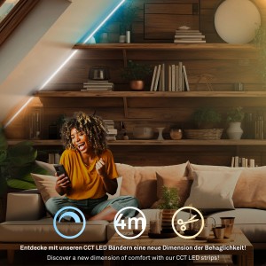 Nő örül a LED szalagoknak a nappaliban. Briloner LED szalag bővítő készlet CCT 4 m.