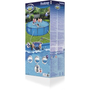 A Bestway Steel Frame Pro medenceszett csomagolása, 427x84 cm, medencével, szivattyúval és információkkal.
