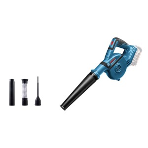 Kék Bosch Professional GBL 18 V-120 akkus fúvó három tartozékkal, fehér háttéren.