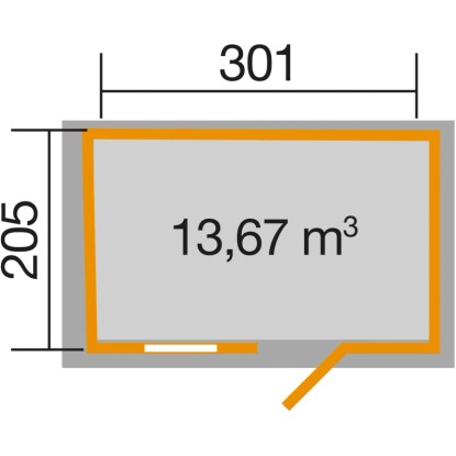 123-as kerti ház alaprajza: 301x205 cm, 13,67 m³ térfogat. Fa kerti ház nyeregtetővel.