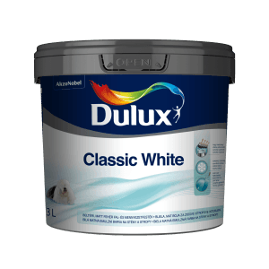 Vödör fehér Dulux Classic White beltéri falfesték, alkalmas falakra és mennyezetekre.