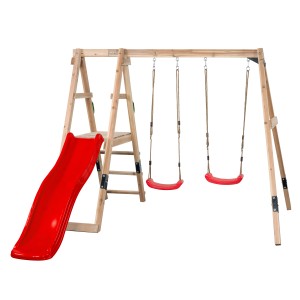 Swing King Ava fa hinta szett piros csúszdával és két hintával.