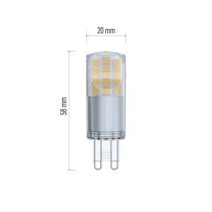 G9 LED izzó méretekkel (58 mm magas, 20 mm széles).