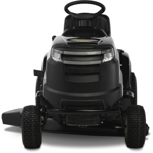 Alpina AT3 98 A fűnyíró traktor, elölnézet. Kompakt traktor oldalsó kidobással és 98 cm vágási szélességgel.