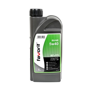 Szürke Favorit SAE 5W40 motorolaj flakon, személygépkocsikhoz alkalmas.