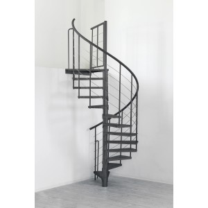 Antracit színű Minka Spino Zink kültéri lépcső, Ø 140 cm, acél lépcsőfokokkal és korláttal, fehér fal előtt.