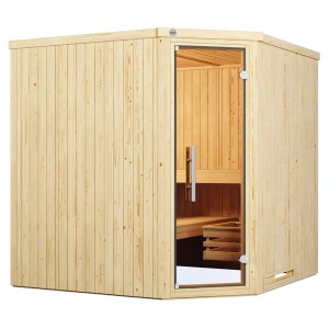 Weka Elementsauna Varberg 3 GTF üvegajtóval és világos fából készült kályhakészlettel.