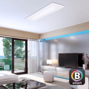 Szabályozható, fehér Brilo LED mennyezeti lámpa Piatto S B-Smart Panel (28 W) modern nappaliban.
