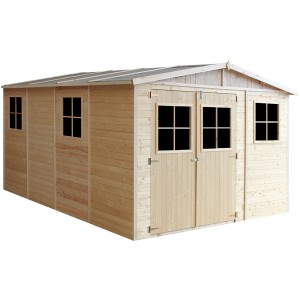 Timbela fa kerti ház M337+M337G, 14,94 m², ablakokkal és padlóval. Kezeletlen fa, nyeregtető.