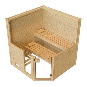Weka Valida sarok tömörfa szauna üvegajtóval, két paddal és kályhával (7,5 kW) szettben.