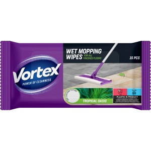 Vortex nedves törlőkendők padlóhoz, 15 darabos lila csomagolásban.
