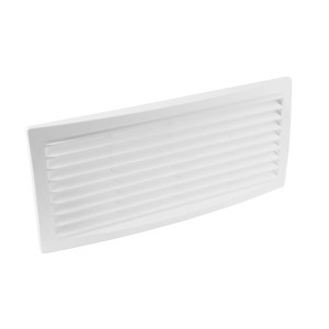 Fehér műanyag szellőzőrács (130x368 mm) szúnyoghálóval.