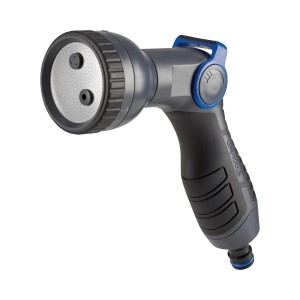 LUX-TOOLS multifunkciós locsolófej szürke/kék, puha markolattal. 3 sugár a kerti öntözéshez.