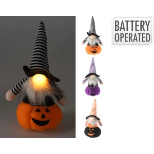 Világító Halloween törpe dekoráció tökkel és csíkos sapkával.