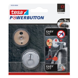 Tesa Powerbutton Small Chrom, öntapadó akasztó fürdőszobába és konyhába, teherbírása 5 kg-ig.