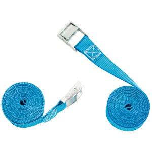 Két kék rögzítő heveder szorító zárral, egyenként 25 mm x 2,5 m, utazáshoz és szállításhoz.