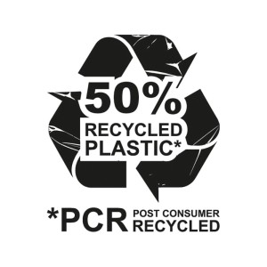 Szimbólum: 50% újrahasznosított anyagból (PCR) készült műanyag.