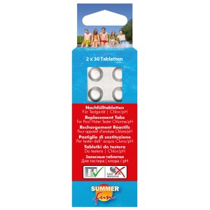Summer Fun utántöltő tabletták medencevíz teszterhez, 2x30 darab klór/pH méréshez.