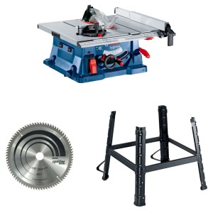 Bosch Professional GTS 254 asztali körfűrész fűrészlappal és állvánnyal.